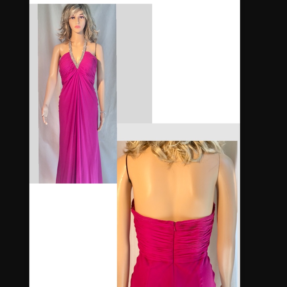 VINTAGE Pink empire waist silk maxi dress halter top deep V neck rhinestones Sz6
